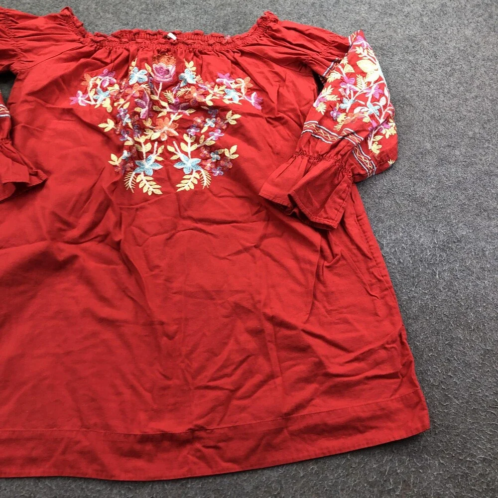 Free People Dress Womens Medium Red Embroidered Off Shoulder Boho Long Sleeve